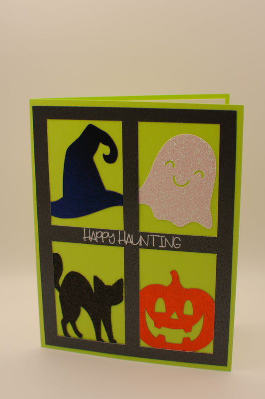 Halloween Card - "Happy Haunting" - Witch Hat, Ghost, Cat & Pumpkin