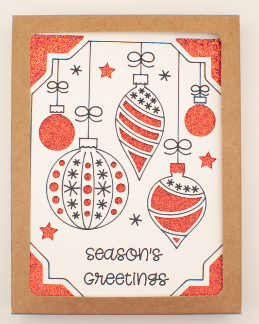 Handmade Holiday Card Pack - "Season's Greetings" - Glitter Ornaments (Set of 10 assorted colors)