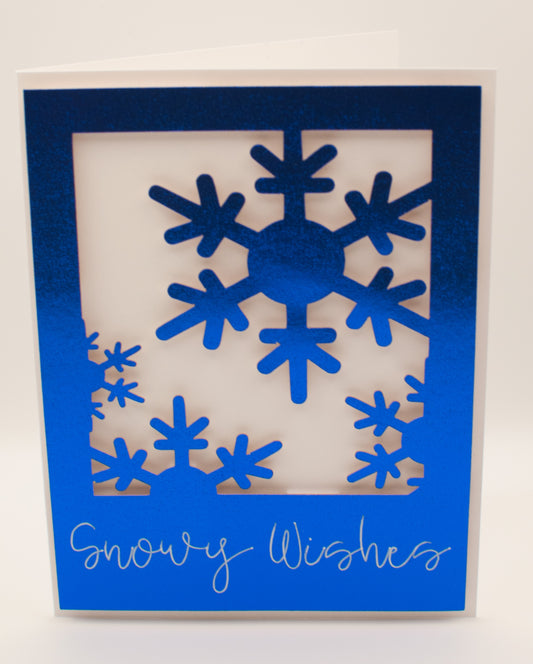 Holiday Card - "Snowy Wishes" - Blue Foil Snowflakes