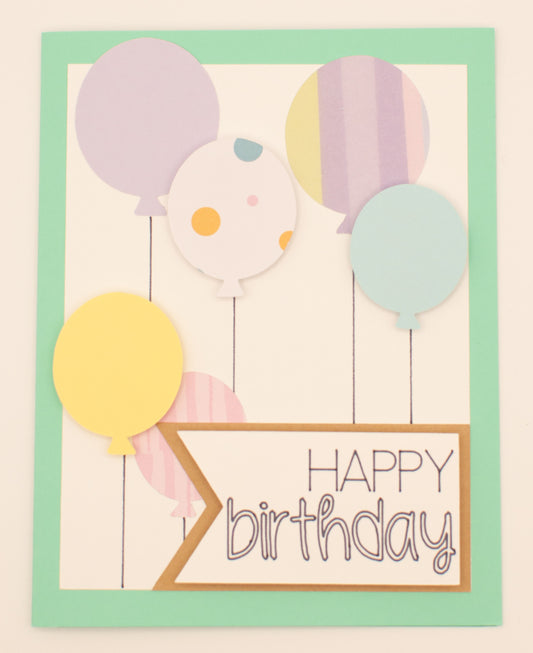 Birthday Card - "Happy Birthday" - Balloons (Pastel Colorway)