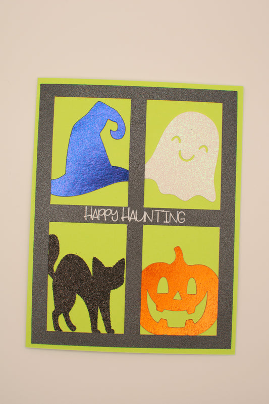 Halloween Card - "Happy Haunting" - Witch Hat, Ghost, Cat & Pumpkin