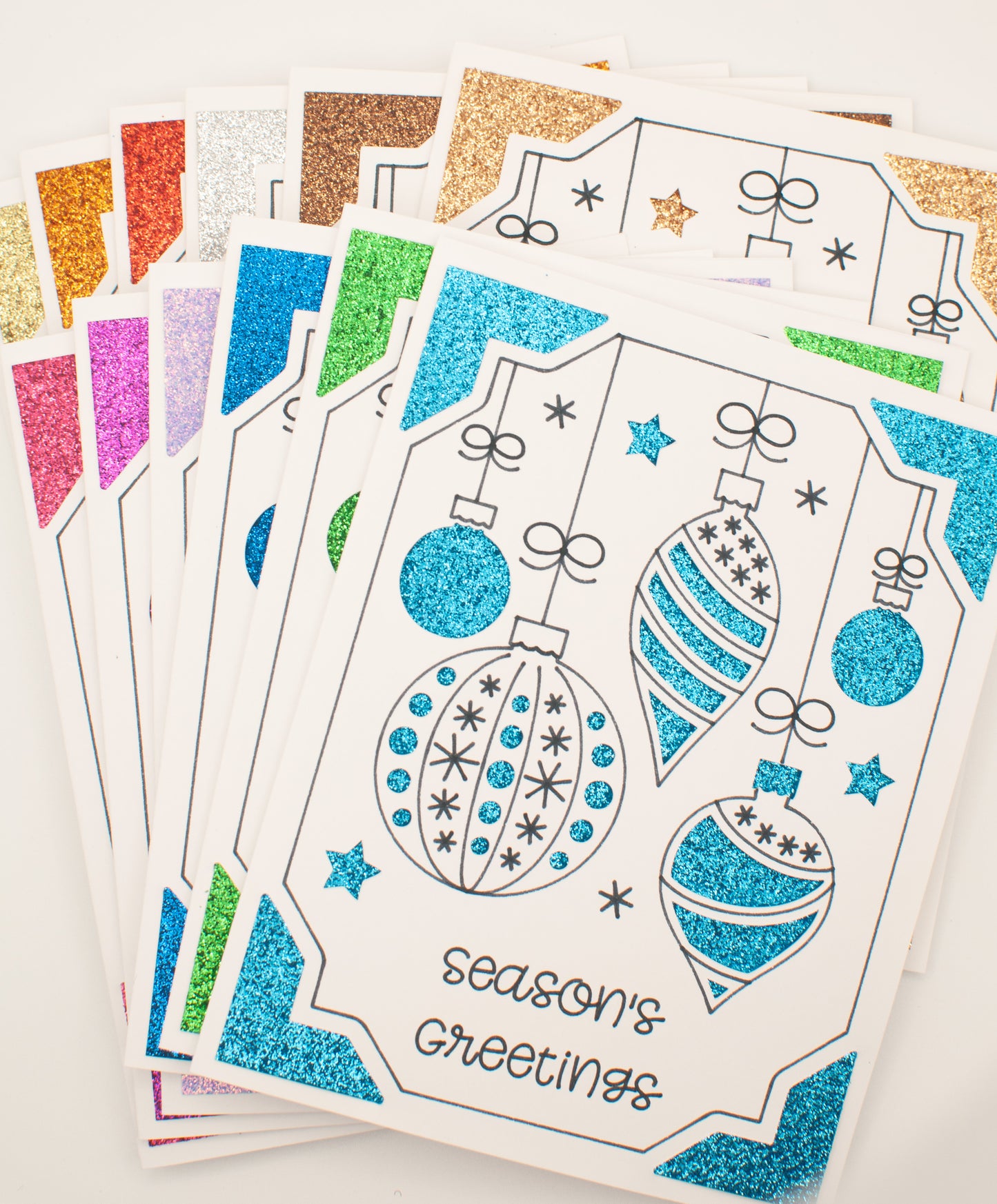 Handmade Holiday Card Pack - "Season's Greetings" - Glitter Ornaments (Set of 12 assorted colors)