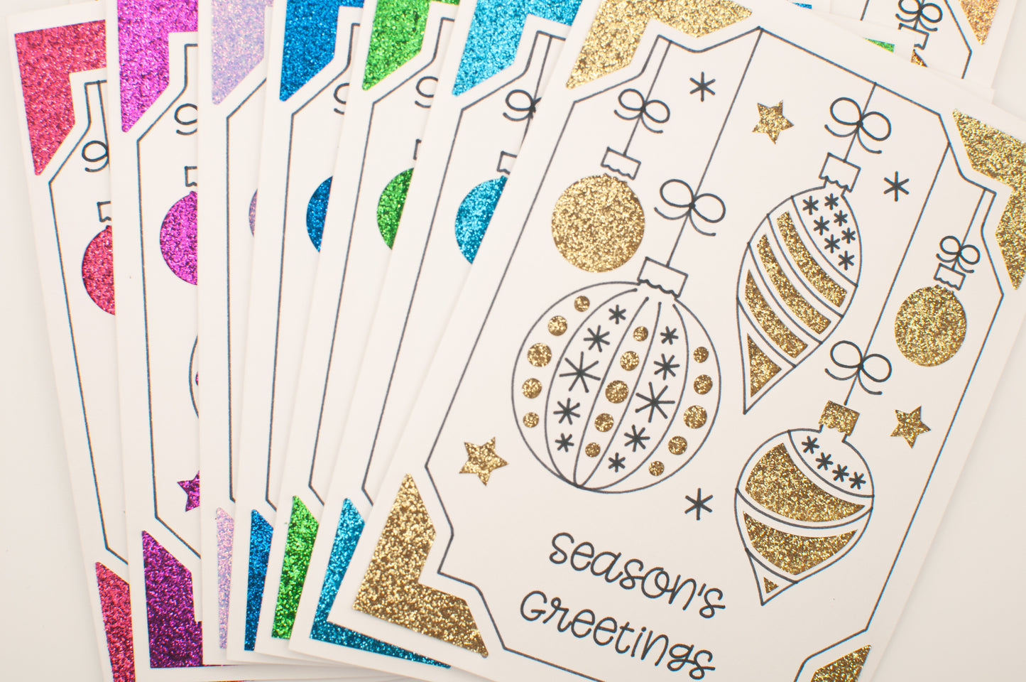 Handmade Holiday Card Pack - "Season's Greetings" - Glitter Ornaments (Set of 12 assorted colors)