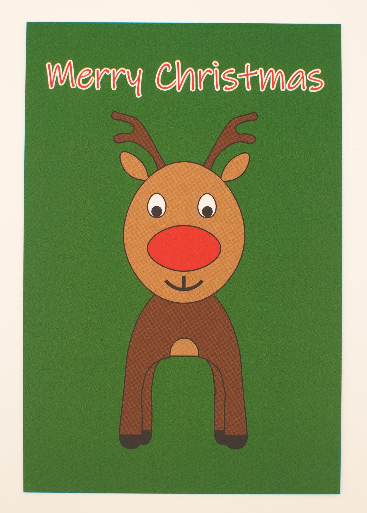 Cartoon reindeer on a green background with 'Merry Christmas' text