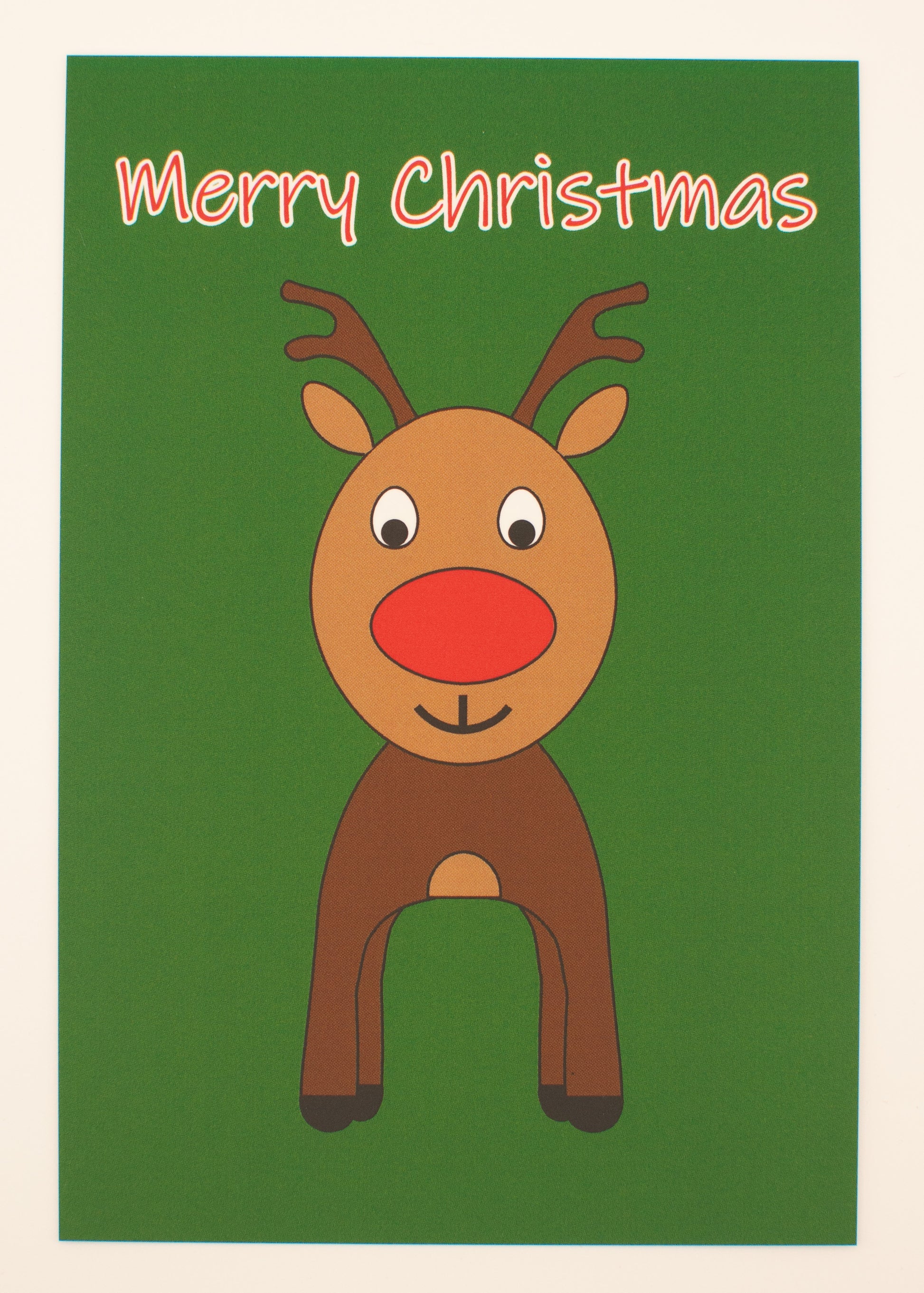 Cartoon reindeer on a green background with 'Merry Christmas' text