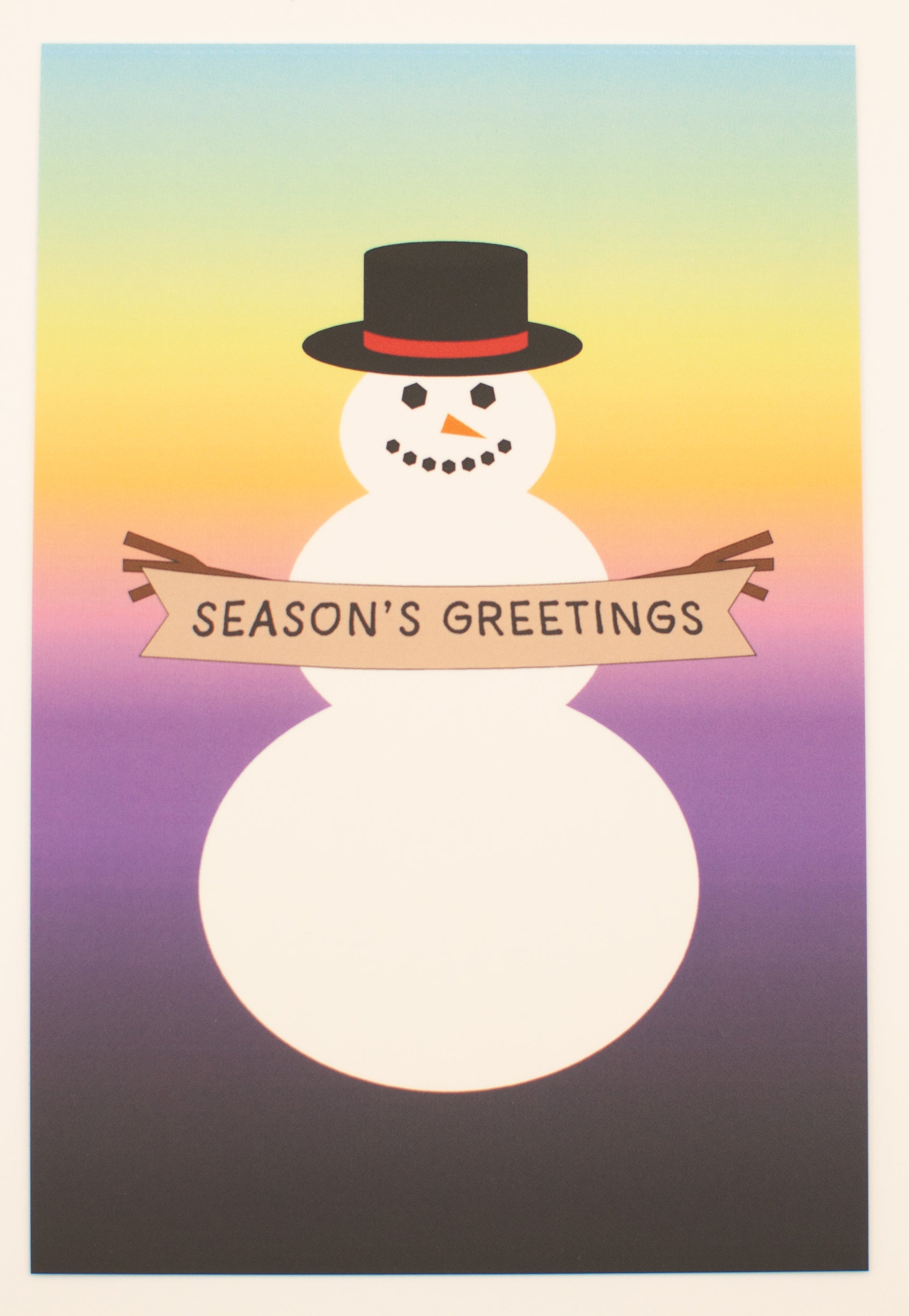 Snowman with a 'Season's Greetings' banner on a colorful gradient background