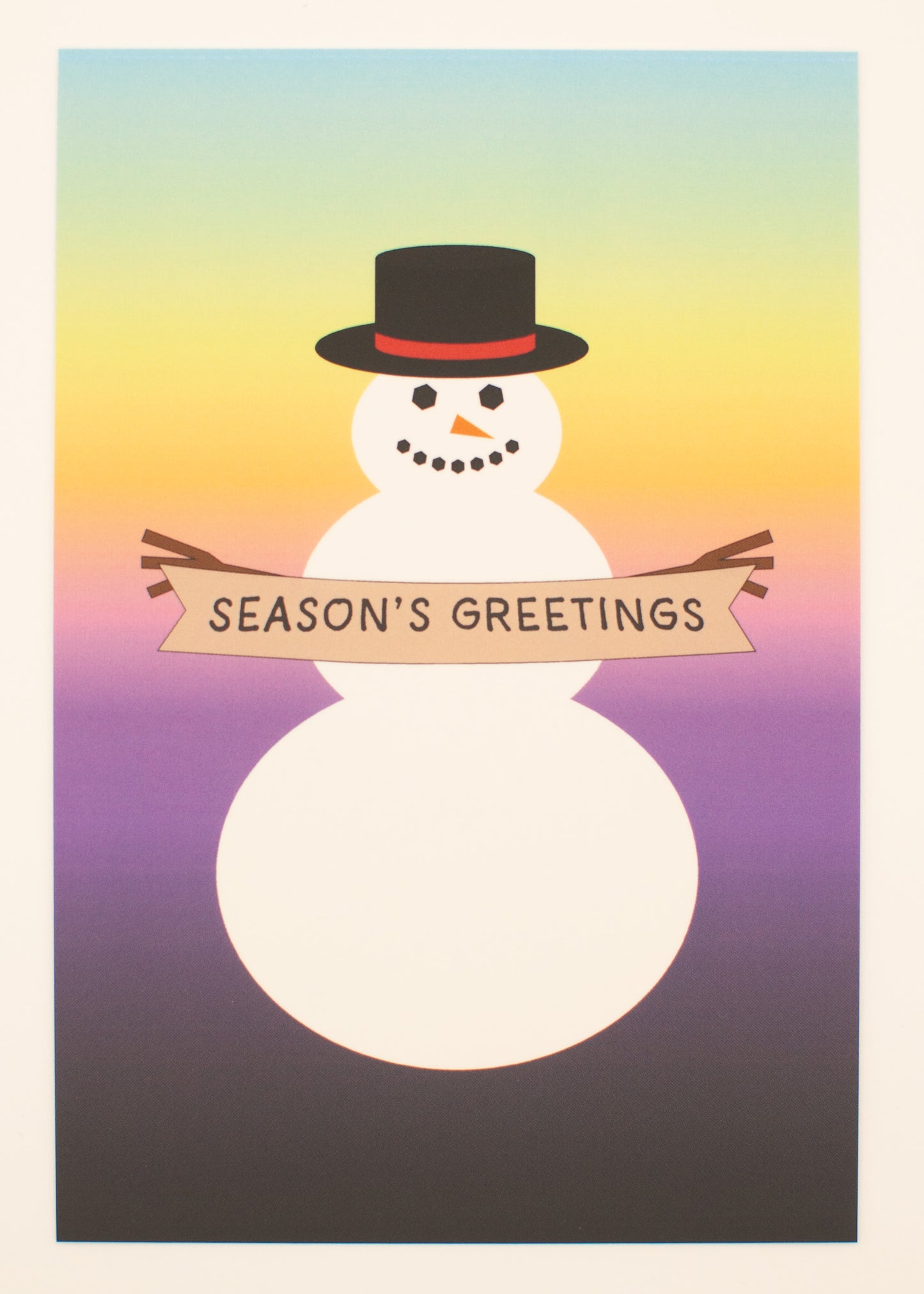 Cartoon snowman with a 'Season's Greetings' banner on a gradient background