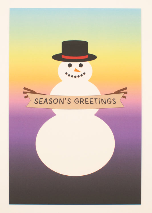 Cartoon snowman with a 'Season's Greetings' banner on a gradient background