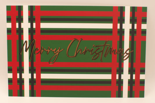 Merry Christmas card with red, green, and white plaid pattern