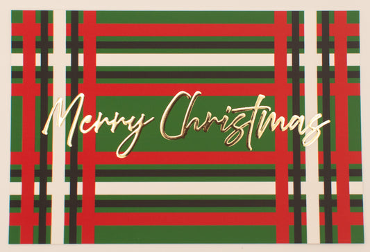 Merry Christmas text on a plaid pattern with red, green, and white colors.