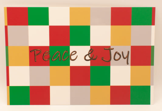 Colorful checkered pattern with 'Peace & Joy' text on a beige background