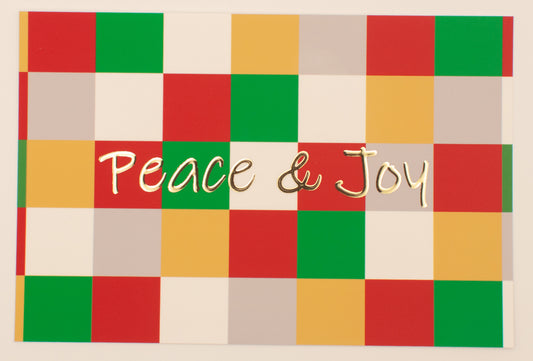 Colorful checkered pattern with 'Peace & Joy' text