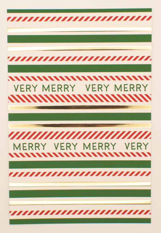 Striped card with 'Very Merry' text in red, green, and gold on a beige background