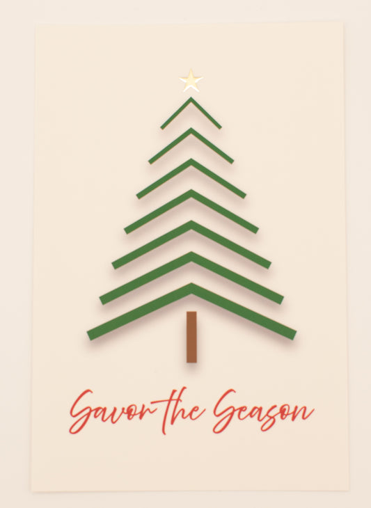 Green Christmas tree design on a beige background with 'Savor the Season' text.