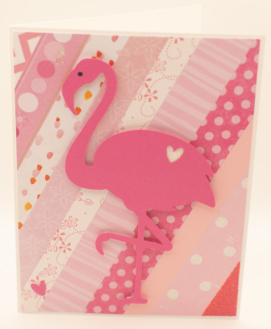 Handmade Card - "Friendly Flamingo" - Pink Flamingo Stripes